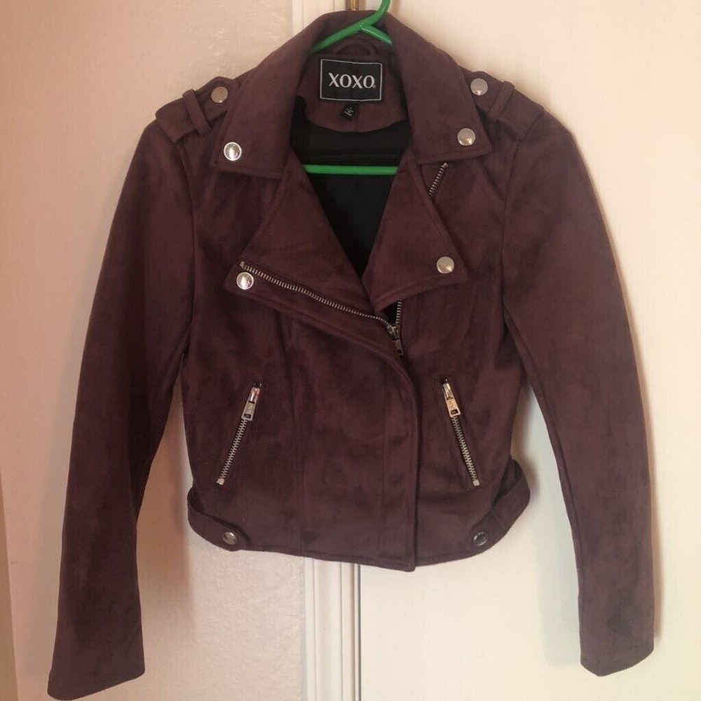 Xoxo Womens Moto Jacket Solid Brown Micro Suede Cropped Asymmetric Full Zip S